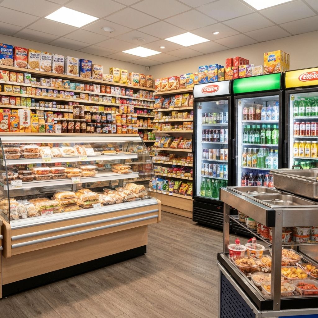 Inside Jacko's Grocery Store showing shelves of groceries, a hot snack display, and chilled beverage fridges